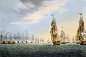 معركة النيل ، 1 أغسطس 1798 ، نقشها توماس ساذرلاند من أجل الإنجازات البحرية لـ Jenkins ، 1816 (نقش الألوان) بواسطة توماس ويتكومب